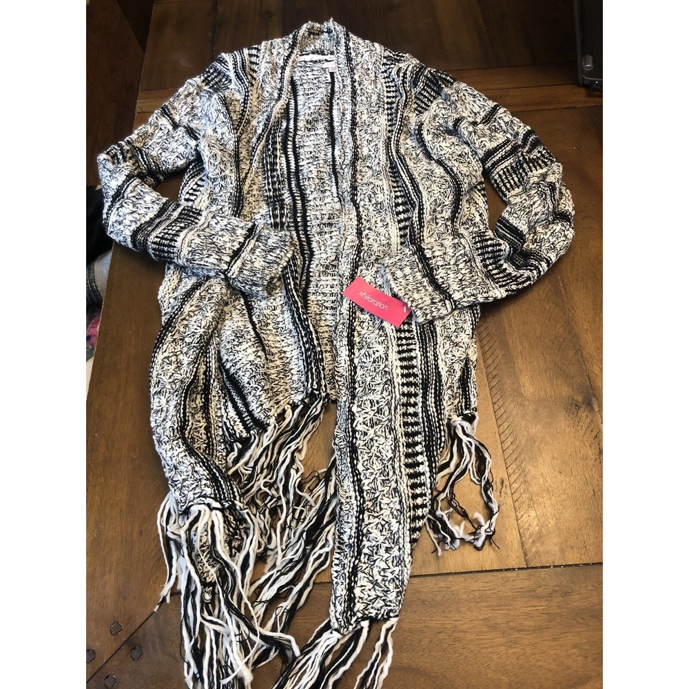 NWT Xhilaration XL Womens Gray White Knit Open Front Fringe Cardigan Sweater